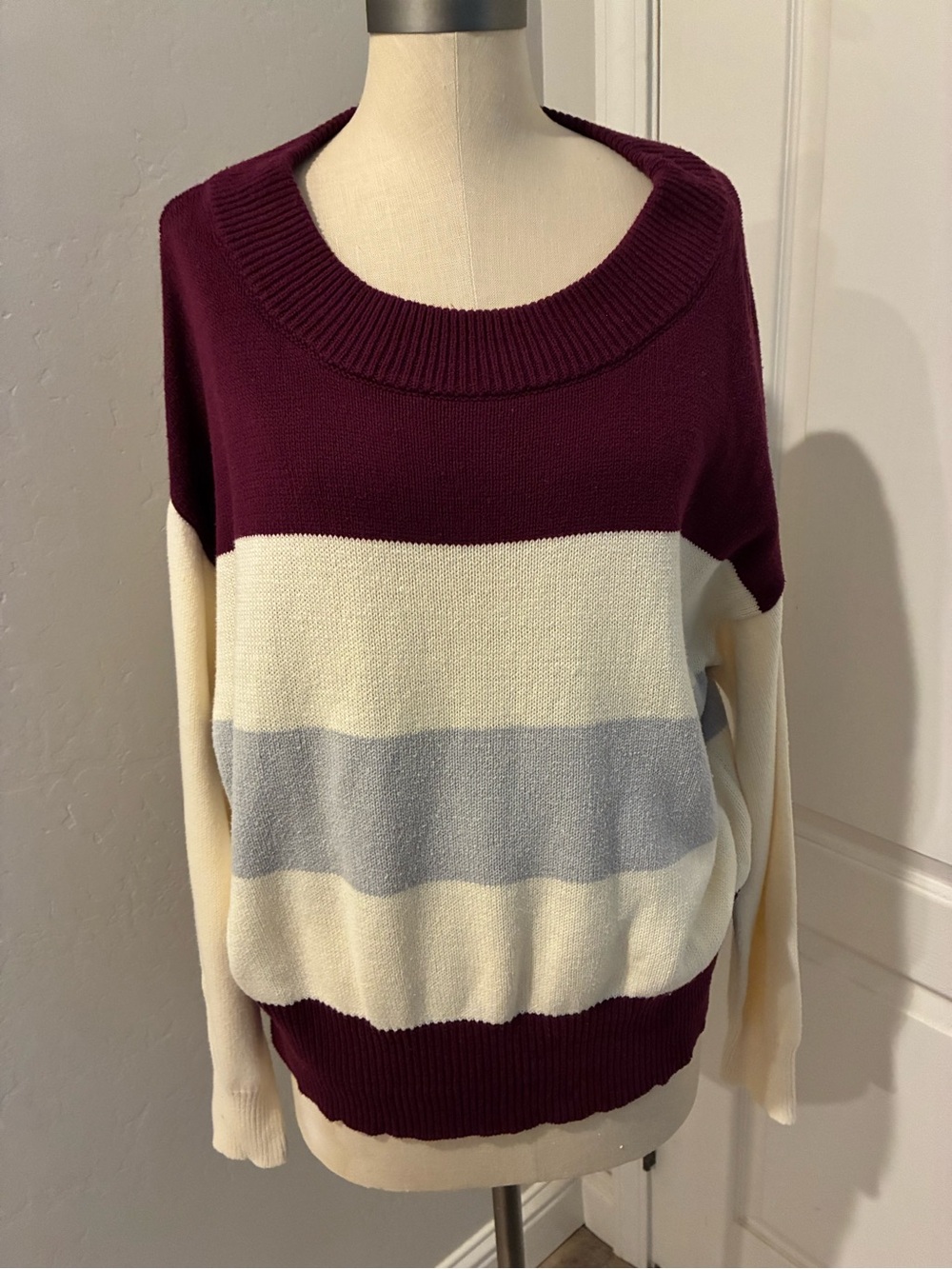 Lucky Colorblock Striped Crewneck Sweater in Burgundy, Cream & Light Gray Size L